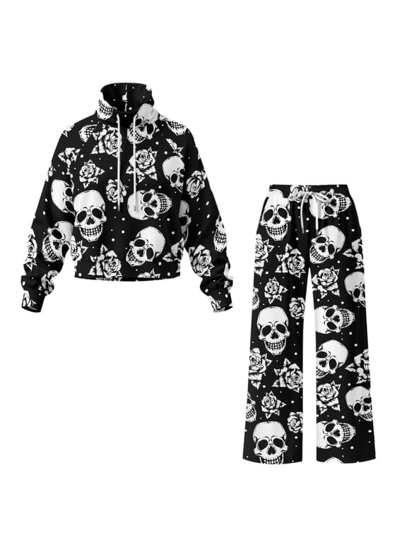 Skull and Rose Print Two Piece Tracksuit, Wide Leg High Collar Ladies Relax Sweatsuit Drawstring Travel Track Suits for Autumn Neighborhood Walking