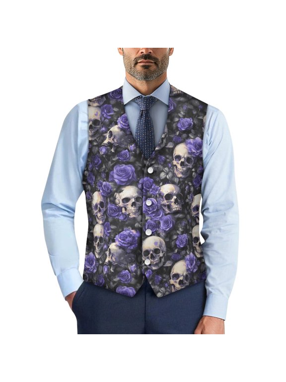 Skull Roses Dress Jackets Woven Fabric 4 Buttons Button Down Formal Suit Vest for Casual Tuxedo Party