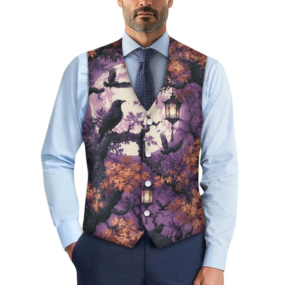POLERO Slim Fit Formal Suit Vest for Business Casual, Woven Fabric Lightweight Dress Waistcoat Top, Halloween Crow Moon Pattern