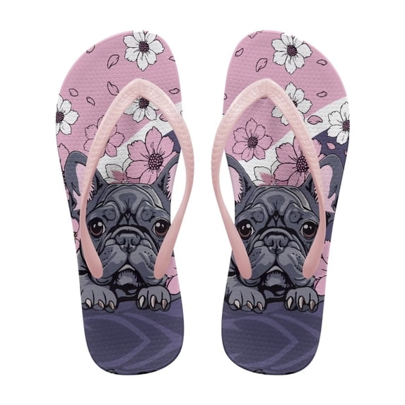 POLERO Slim French Bulldog Flip Flops for Women Cherry Blossom Beach Thong Sandals Comfortable Women's Summer Sandals