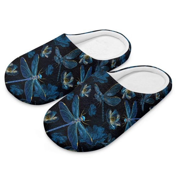 POLERO Slippers for Women Indoor Blue Dragonfly Print House Slippers Closed Toe Design Lightweight Sole Bedroom Shoes, Size 10.5-11.5