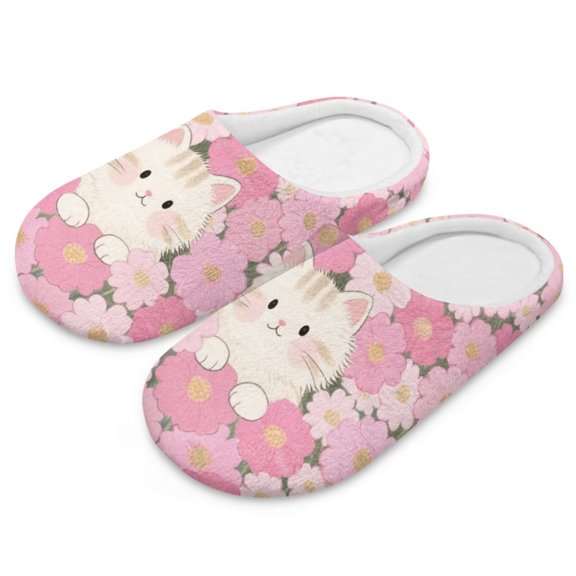 POLERO Slippers for Women Indoor Cute Kitty Floral Print House Slippers Closed Toe Design Lightweight Sole Bedroom Shoes, Size 7.5-8.5