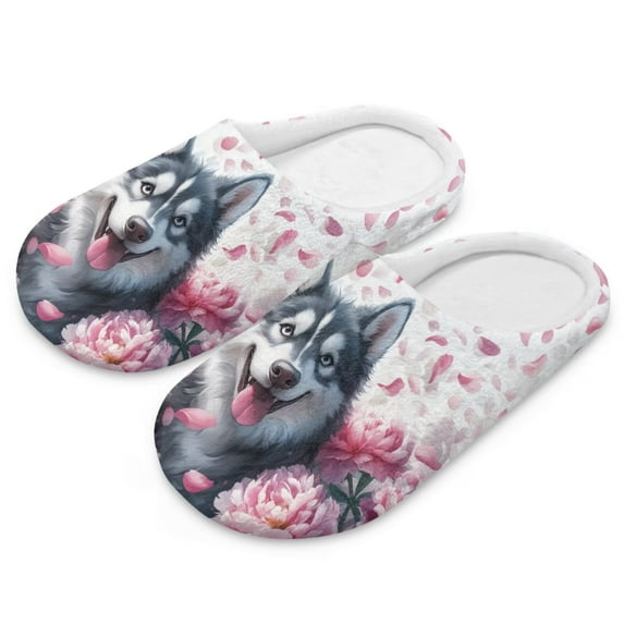 POLERO Slippers for Women Indoor Husky Peony Flower Print House Slippers Closed Toe Design Lightweight Sole Bedroom Shoes, Size 9-10
