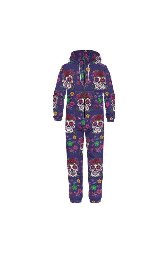 Snug Fit Onesie Pajamas for Women Men Halloween Costume with Pocket Zipper Couple Cosplay Nightwear, Purple Sugar Skull, Size 3XL