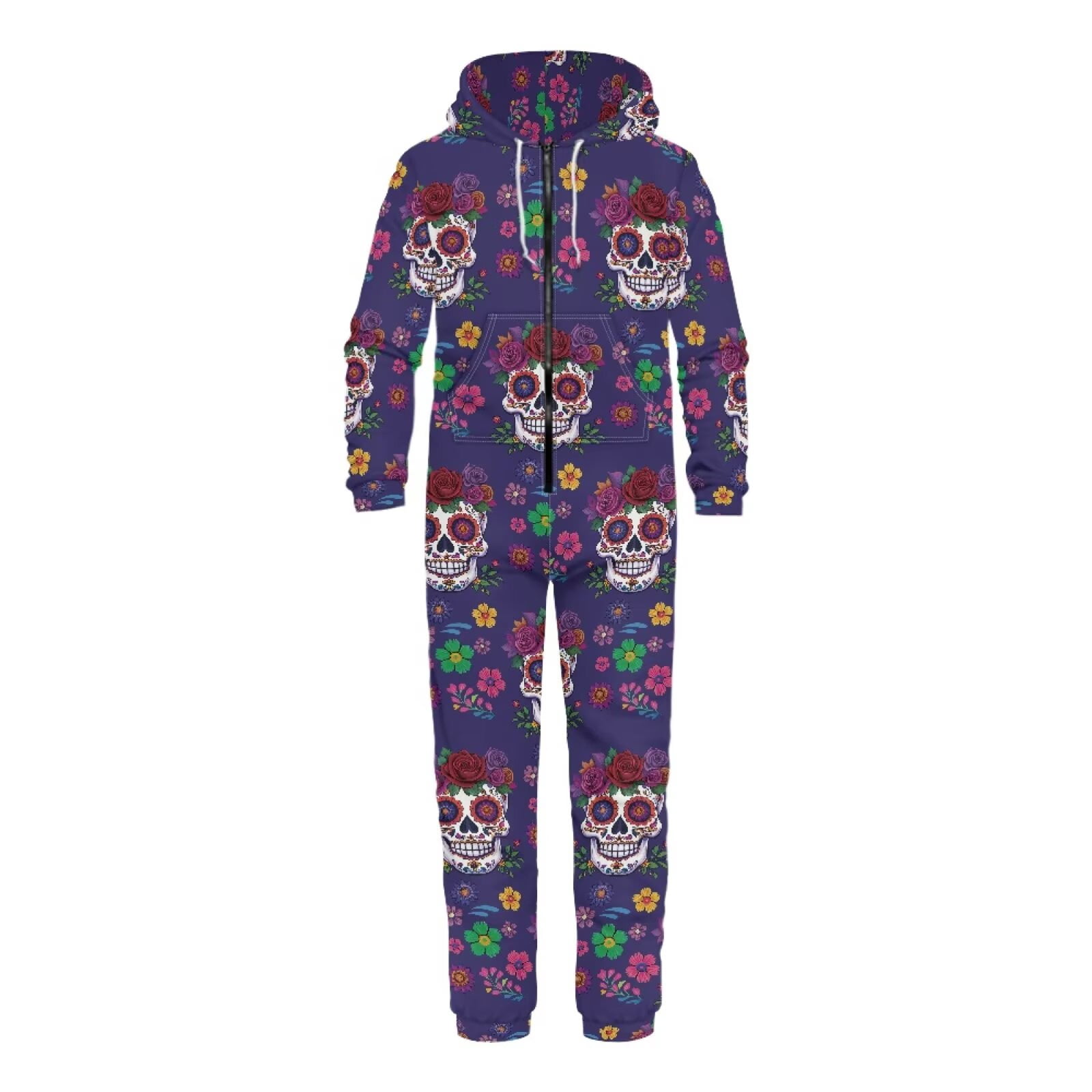 POLERO Snug Fit Onesie Pajamas for Women Men Halloween Costume with Pocket Zipper Couple Cosplay Nightwear, Purple Sugar Skull, Size M