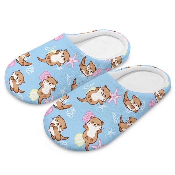 POLERO Soft House Slipper for Women Men Cartoon Otters Print Warm Closed Toe Indoor Slipper Soft Sole Casual Home Slide Shoes, Size 10.5-11.5
