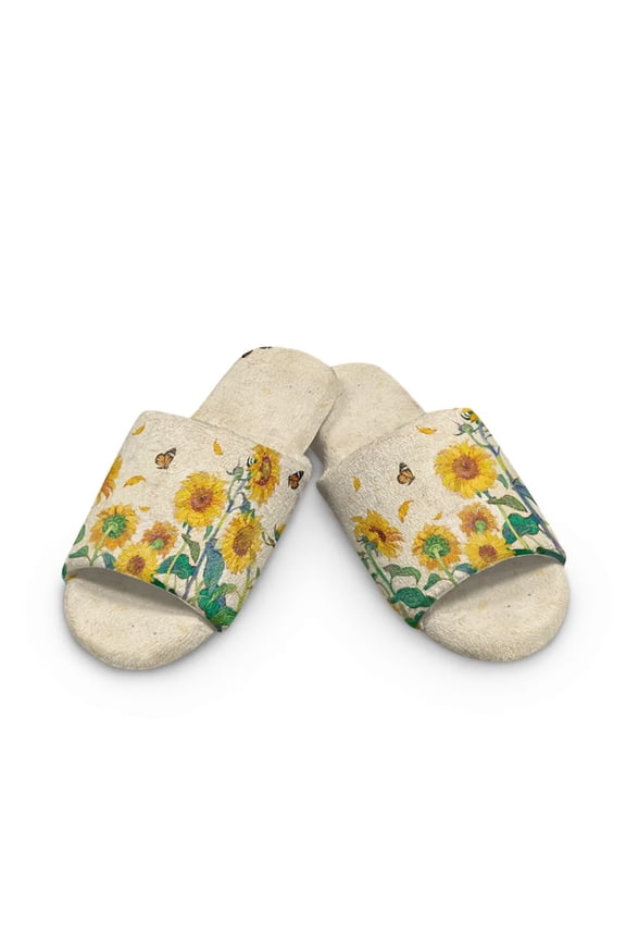 Soft House Slipper for Women Men Yellow Sunflowers Print Open Toe Indoor Slipper Soft Sole Casual Home Slide Shoes, Size 4.5-5.5