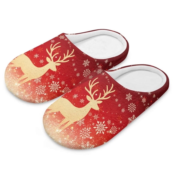 POLERO Soft Indoor Closed Toe Cotton Slippers Non-slip Sole Lightweight Christmas Elk Print House Slippers Home Shoes, Size 10.5-11.5
