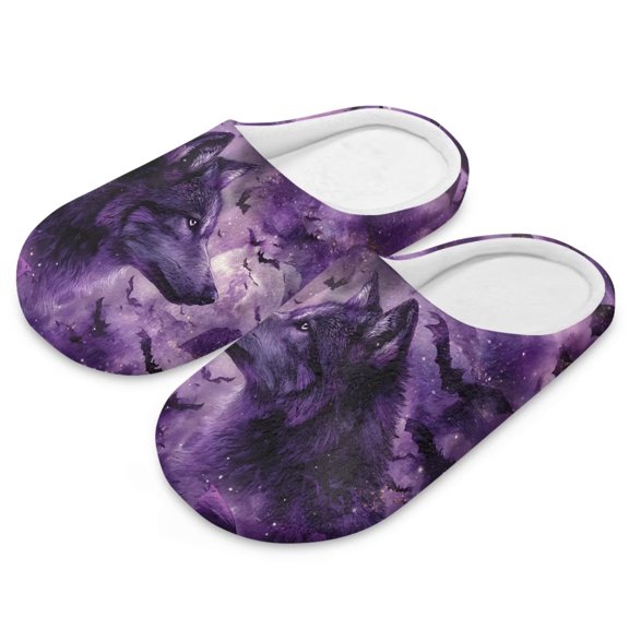 POLERO Soft Indoor Closed Toe Cotton Slippers Non-slip Sole Lightweight Purple Wolf Bat Print House Slippers Home Shoes, Size 12-13