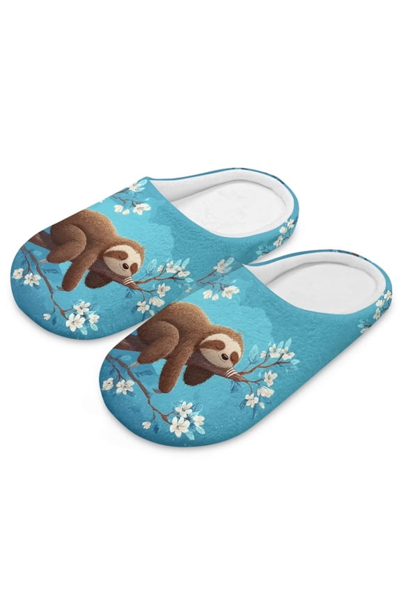Soft Indoor Closed Toe Cotton Slippers Non-slip Sole Lightweight Sleeping Sloth Print House Slippers Home Shoes, Size 12-13