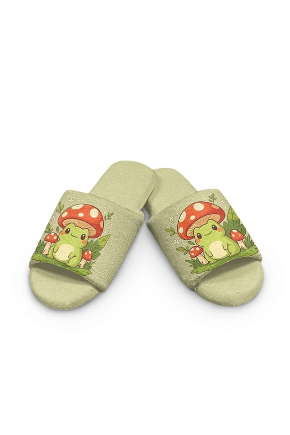 Soft Indoor Open Toe Cotton Slippers Non-slip Sole Lightweight Cartoon Frog Mushroom Print House Slippers Home Shoes, Size 7.5-8.5