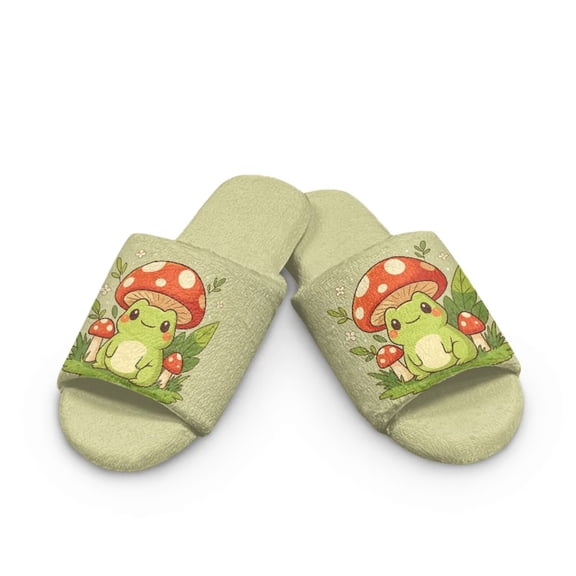 POLERO Soft Indoor Open Toe Cotton Slippers Non-slip Sole Lightweight Cartoon Frog Mushroom Print House Slippers Home Shoes, Size 9-10