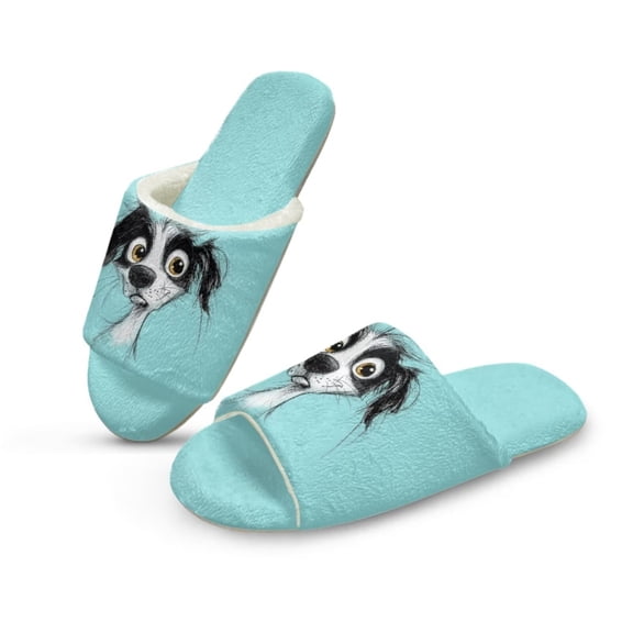 POLERO Soft Indoor Open Toe Cotton Slippers Non-slip Sole Lightweight Cute Dog Print House Slippers Home Shoes, Size 6-7