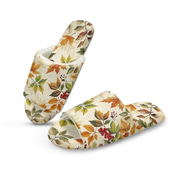 POLERO Soft Indoor Open Toe Cotton Slippers Non-slip Sole Lightweight Maple Leaves Fall Print House Slippers Home Shoes, Size 7.5-8.5