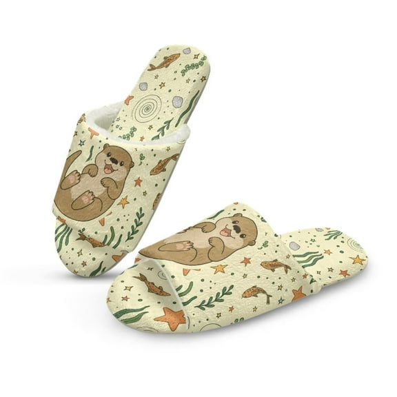 POLERO Soft Indoor Open Toe Slippers Non-slip Sole Lightweight House Slippers Bedroom Home Shoes Cartoon Otter Print, Size 4.5-5.5