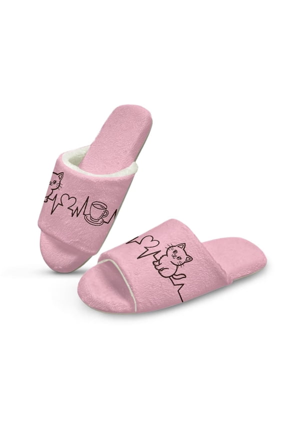 Soft Indoor Open Toe Slippers Non-slip Sole Lightweight House Slippers Bedroom Home Shoes Pink ECG Cat Print, Size 6-7