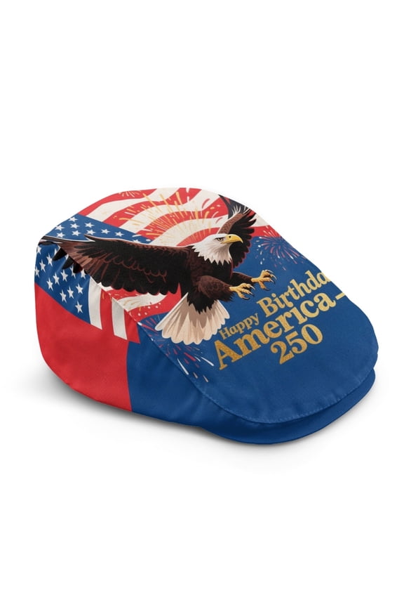 Soft Men Newsboy Hat for Hunting Travel, Bald Eagle with American Flag & Fireworks Design Polyester Fabric Adjustable Beret Hat Vintage