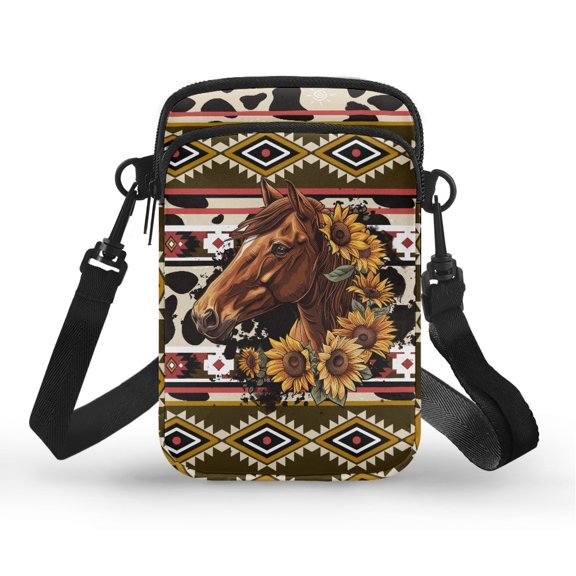 POLERO Southwestern Tribal Pattern with Cow Print & Horse Portrait Shoulder Bag, Crossbody Strap Multipurpose Crossbody Bag for Hiking Running
