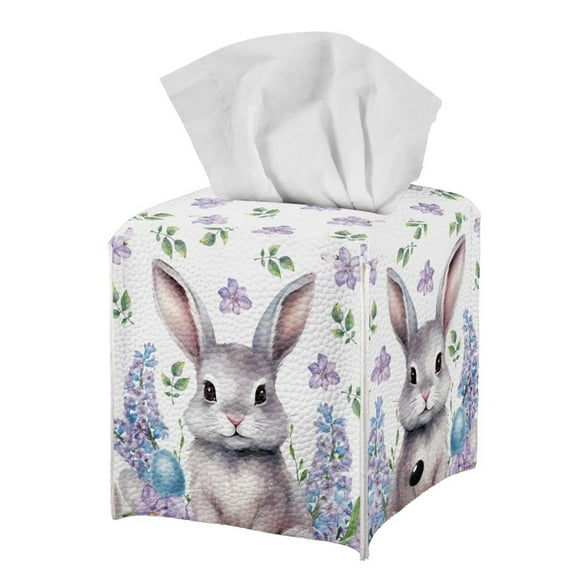 POLERO Square Tissue Box Cover PU Leather, Cute Rabbit Lavender Waterproof Car Tissue Holder Storage for Bathroom Vanity, Countertops, Dressers, Night Stand, Parlors and Offices