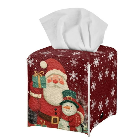 POLERO Square Tissue Box Cover - Waterproof PU Leather Tissues Cube Boxes Holder Aesthetic Desk Decor for Room, Home & Office - Christmas Santa Snowman