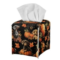 POLERO Square Tissue Box Cover - Waterproof PU Leather Tissues Cube Boxes Holder Aesthetic Thanksgiving Desk Decor for Room, Home & Office - Dachshund Pumpkin