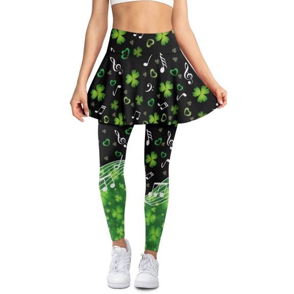 POLERO St. Patrick's Day Green Leaves Skirted Leggings Music Notes Yoga Pants Tummy Control Athletic Workout Yoga Skirt with Full Length Tennis Sports Leggings with Pockets for Women Lady