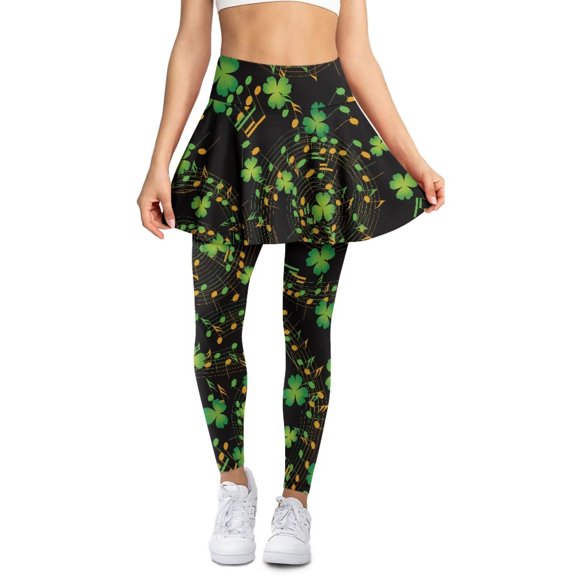 POLERO St. Patrick's Day Music Notes Green Leaf Skirted Leggings for Women Ruffle Pleated Yoga Pants with Skirts Pockets Flare Tennis Yoga Skirt with Leggings for Workout Running Gym