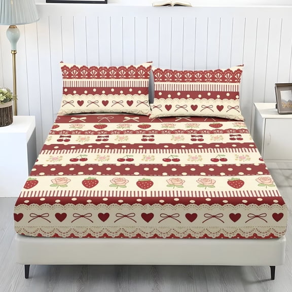 POLERO Strawberry Pattern Sheet Set King Fitted Sheet Sets 3 Piece Sets,Flower Cherry Bow Pattern Sheet with Pillowcase Soft Cooling Bedding Cover and Pillowcase for Girls Bedroom,Twin
