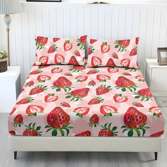POLERO Strawberry Print Twin Size Sheet Set Comfy Lightweight Bedding Fitted Sheets 3 Piece Easy Care Elastic All-Season Fitted Sheets Set for Bedroom Decor for Women