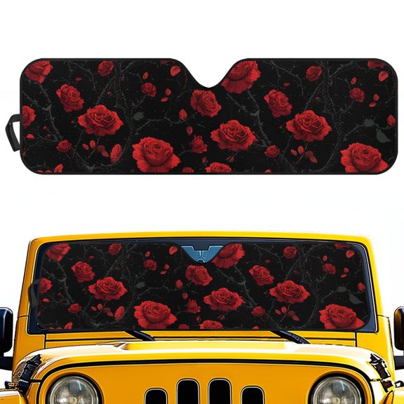 POLERO Stylish Off-Road Jeep Windshield Sun Shade with Red Roses Pattern - Blocks UV Rays Keeps Your Vehicle Cool
