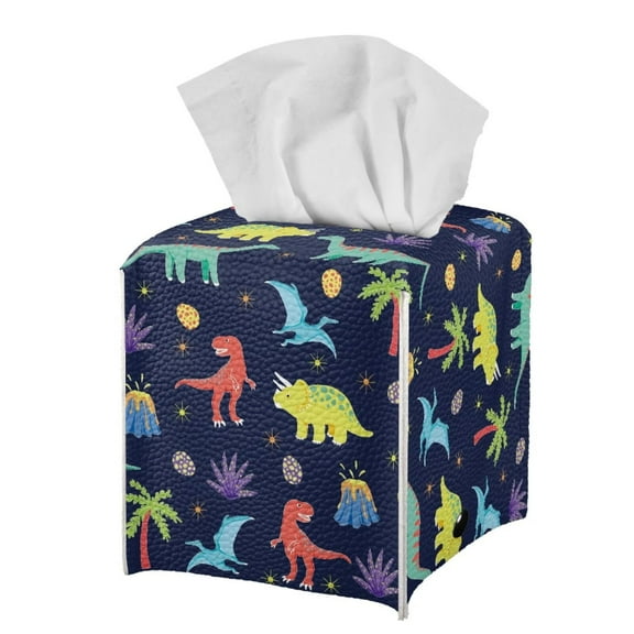 POLERO Stylish Tissue Box Cover Square with Cartoon Dinosaur Pattern - Leather Tissue Boxes Holder Waterproof Decorative Cube Cover for Bathroom and Home, 5.1"X5.1"X5.5"