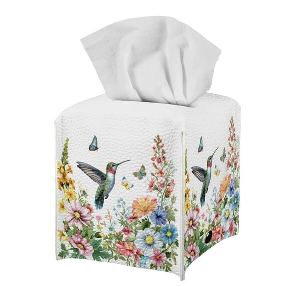 POLERO Stylish Tissue Box Holder Cute Hummingbird Flower Square Tissue Cube Cover PU Leather Facial Organizer for Bathroom, Tabletop, Car, Night Stands, Office, Home, Kitchen, 5.1''X5.1''X5.5''