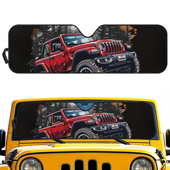 POLERO Stylish Windshield Sun Shade with Red Off-Road Jeep Forest Design - Great for Off-Road Adventures & Daily Parking
