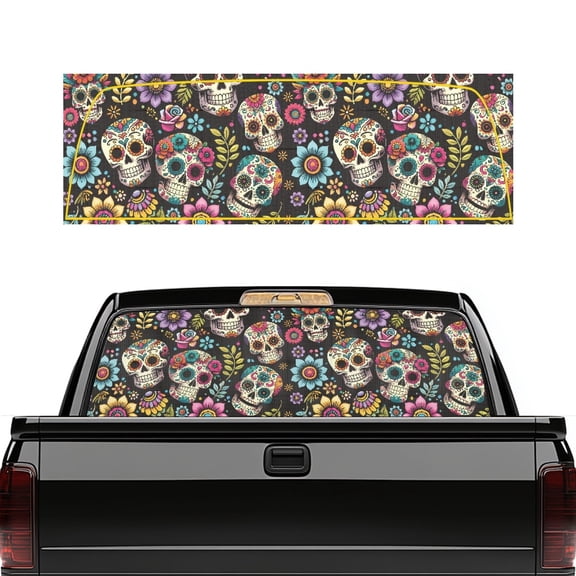 POLERO Sugar Skull Floral Pattern Car Window Decal, Quick Install Truck Rear Window Decal Corrosion Proof UV Blocking Truck Back Window Decal for, 66.9 x 22.4 Inches