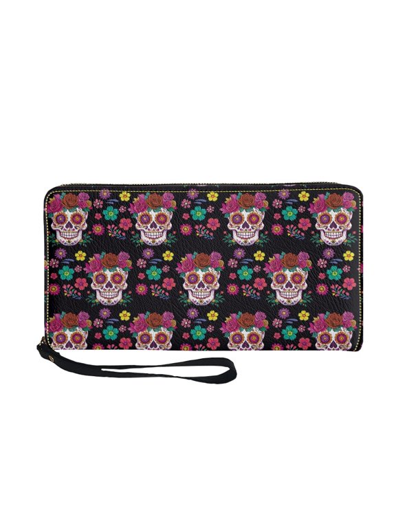 Sugar Skull Print Long Wallet, Waterproof Leather PU Women's Wallets for Travel Business, Zip Around Women Wallet