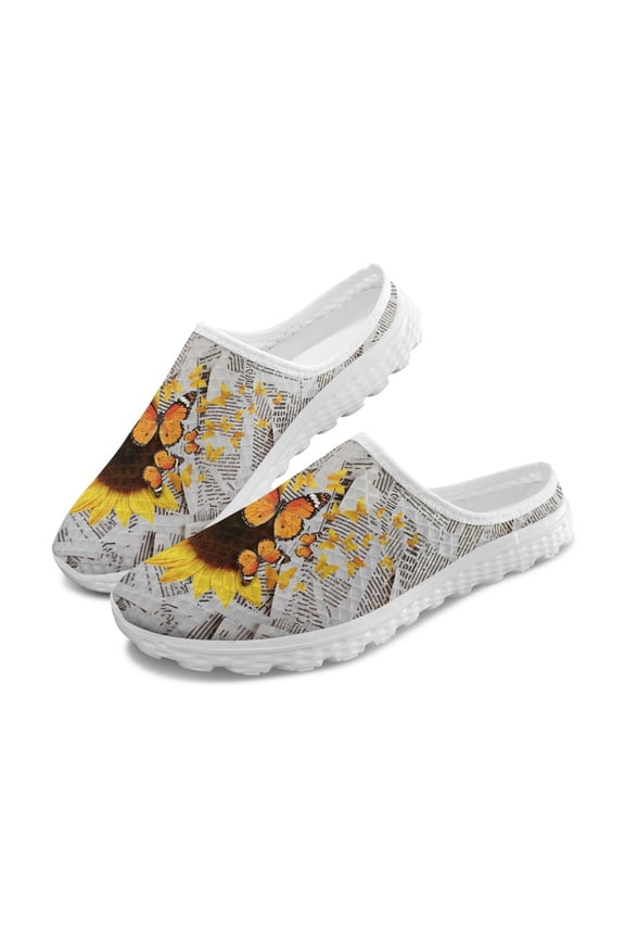 Chririnla Summer Breathable Mesh Slip On Clogs | Sunflower Butterfly Print | Comfortable Unisex Casual Walking Shoes