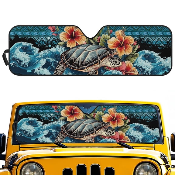 POLERO Summer Off-Road Windshield Sun Shade featuring Sea Turtle Hibiscus Wave - Blocks UV Rays for Beach Road Trips