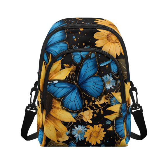 POLERO Sunflower Blue Butterfly Decoration Sling Bag with Adjustable Strap Mini Small Crossbody Wallet for Fall, Polyester Crossbody Bag