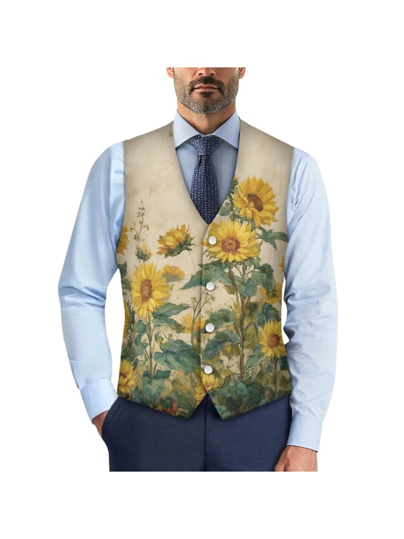 Sunflower Pattern Men's Casual Business Vests Woven Fabric Slim Fit Button Down Casual Dress for Prom Formal