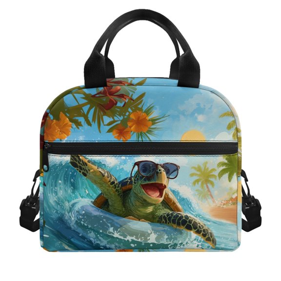 POLERO Surfing Turtle Tropical Print Lunch Bag, Aluminum Film Removable Strap Easy To Store Lunch Box Bag for Men