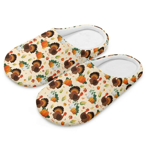 POLERO Thanksgiving Turkeys Print House Slippers for Woman Lightweight Indoor Slippers Closed Toe Slip On Bedroom Shoes with Memory Foam, Size 4.5-5.5
