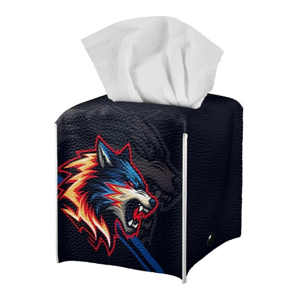 POLERO Tissue Box Cover, Cool Wolf Square Tissue Box Holder with Bottom Belt - Waterproof PU Leather Decorative Organizer for Tabletop, Bathroom, Car, Office