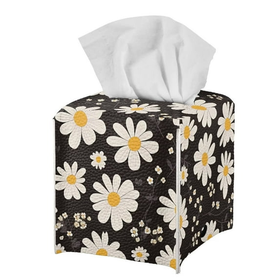 POLERO Tissue Box Cover, Daisy Flower Square Tissue Box Holder with Bottom Belt - Waterproof PU Leather Decorative Organizer for Tabletop, Bathroom, Car, Office
