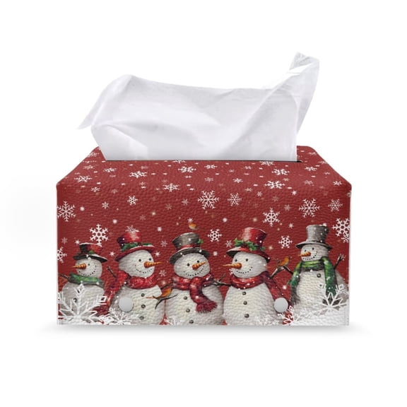 POLERO Tissue Box Cover PU Leather Car Tissue Holder Rectangular Waterproof Facial Paper Organizer Dispenser for Bathroom, Vanity Countertop, Tabletop, Christmas Snowmen