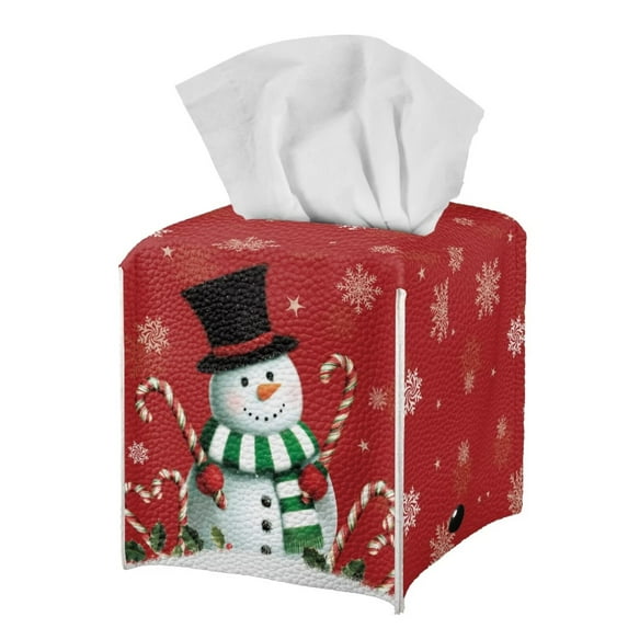 POLERO Tissue Box Cover, Snowman Snowflakes Square Tissue Box Holder with Bottom Belt - Waterproof PU Leather Christmas Decorative Organizer for Tabletop, Bathroom, Car, Office