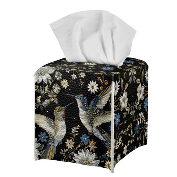 POLERO Tissue Box Cover Waterproof, Hummingbird Flower Retro Square PU Leather Tissue Box Holder, Modern Facial Paper Organizer Dispenser for Bathroom, Car, 5.1''X5.1''X5.5''