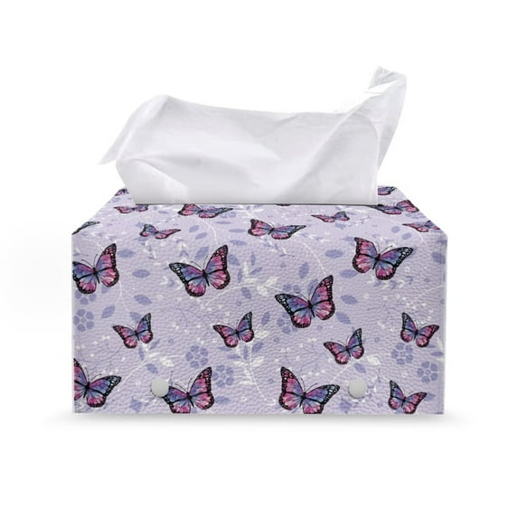 POLERO Tissue Box Cover Waterproof, Purple Butterfly Rectangular PU Leather Tissue Box Holder, Modern Facial Paper Organizer Dispenser for Bathroom, Car, 9.7''X5.2''X5.1''