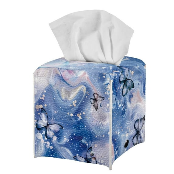 POLERO Tissue Box Cover Waterproof, Square Leather Tissue Box Holder with Blue Marble Butterfly, Modern Facial Paper Organizer Dispenser for Bathroom, Car, 5.1''X5.1''X5.5''