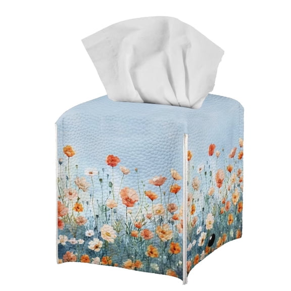 POLERO Tissue Box Cover Waterproof, Square Leather Tissue Box Holder with Poppy Flower, Modern Facial Paper Organizer Dispenser for Bathroom, Car, 5.1''X5.1''X5.5''