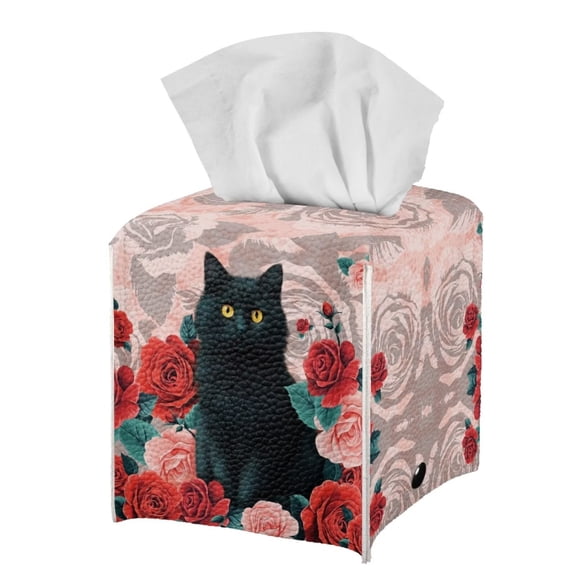 POLERO Tissue Box Holder Waterproof - Square Leather Tissues Cube Box Cover -Black Cat Rose Decorative Car Facial Tissue Holder on Table and Barthroom, 5.1"X5.1"X5.5"